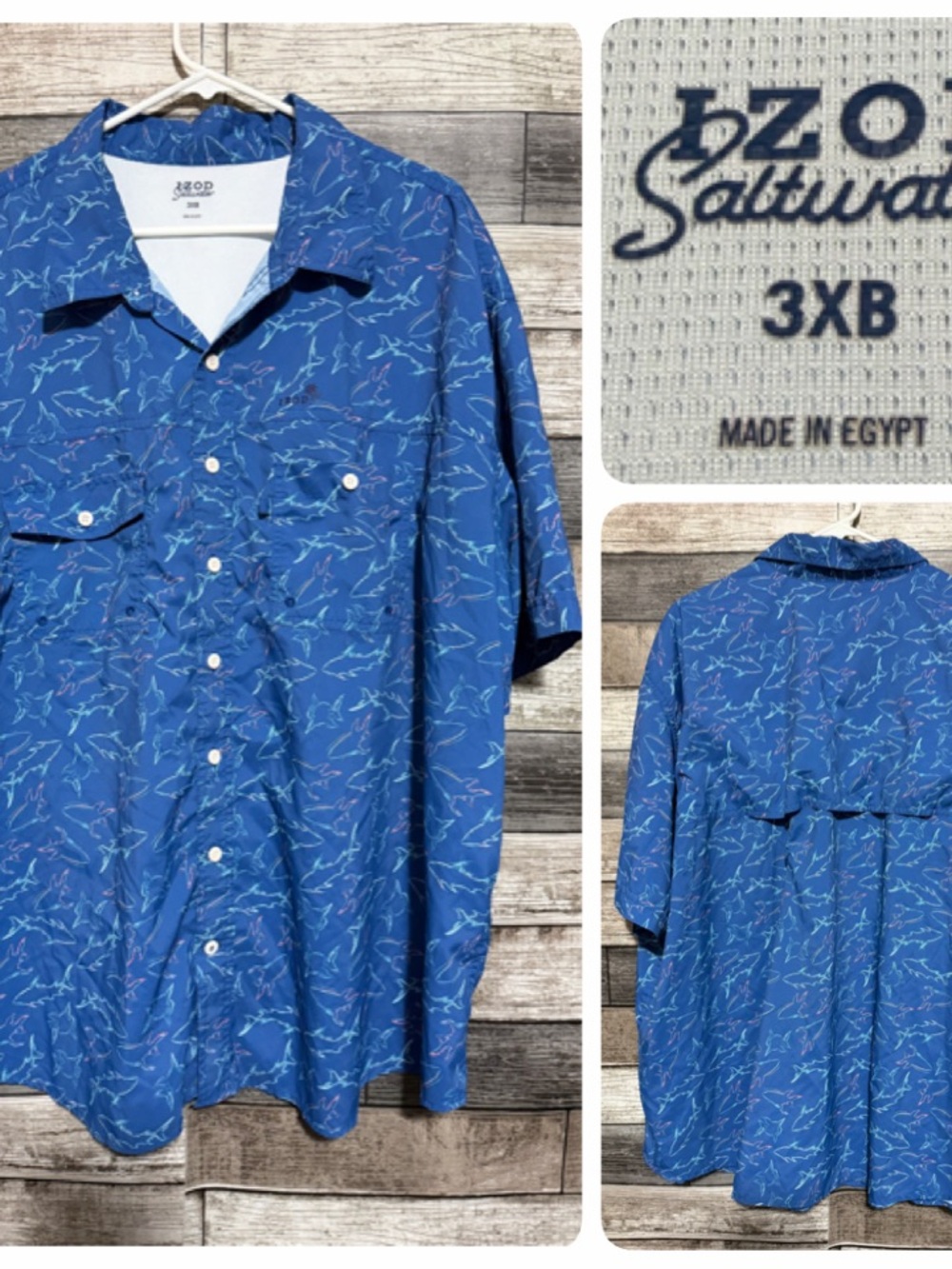 IZOD Saltwater Shark Print Short Sleeve Button Up Shirt Men’s 3XB Blue Vented